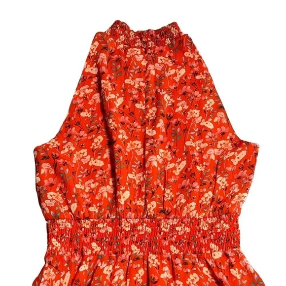 Sam Edelman Orange Floral Print Sleeveless Smocked Handkerchief Midi Dress 12 - Picture 7 of 8